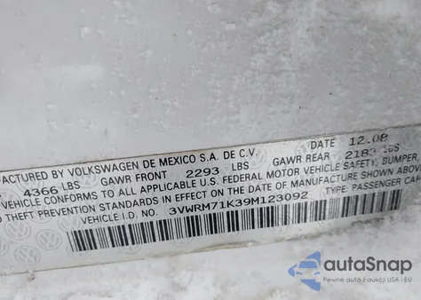 2009 Volkswagen Jetta Se из США, поврежденный, VIN 3VWRM71K39M123092